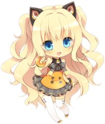 Rule 34 | 1girl, animal ears, blonde hair, blue eyes, bow, bracelet, cat ears, chibi, full body, jewelry, korean text, long hair, moorina, open mouth, seeu, skirt, solo, thighhighs, transparent background, vocaloid