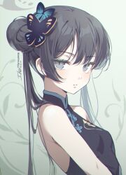 Rule 34 | 1girl, black dress, black hair, blue archive, breasts, butterfly hair ornament, china dress, chinese clothes, dated, double bun, dress, grey eyes, hair bun, hair ornament, highres, ika (4801055), kisaki (blue archive), long hair, looking at viewer, parted lips, signature, sleeveless, sleeveless dress, small breasts, solo, twintails, twitter username, upper body