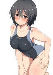 Rule 34 | 1girl, amagami, black eyes, black hair, black one-piece swimsuit, bob cut, breasts, collarbone, competition swimsuit, cowboy shot, highres, medium breasts, nanasaki ai, one-piece swimsuit, seihekiog, short hair, simple background, solo, swimsuit, two-tone swimsuit, white background