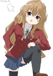 Rule 34 | 1girl, :o, absurdres, aisaka taiga, black ribbon, black thighhighs, blazer, blue skirt, blush stickers, brown eyes, brown footwear, brown hair, buttons, collared shirt, commentary, cynical (llcbluckg c004), double-breasted, hand on own hip, hand on own thigh, highres, jacket, knee up, long hair, long sleeves, neck ribbon, oohashi high school uniform, open mouth, red jacket, ribbon, school uniform, shirt, shoes, simple background, skirt, solo, thighhighs, toradora!, twitter username, white background, white shirt, zettai ryouiki