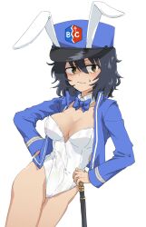 Rule 34 | 1girl, andou (girls und panzer), animal ears, bc freedom (emblem), bc freedom military uniform, black hair, blue bow, blue bowtie, blue hat, blush, bow, bowtie, breasts, closed mouth, commentary request, cowboy shot, detached collar, embarrassed, emblem, fake animal ears, girls und panzer, hat, highleg, highleg leotard, highres, kepi, leotard, long sleeves, medium breasts, medium hair, messy hair, military hat, monolith (suibou souko), open clothes, rabbit ears, simple background, solo, strapless, strapless leotard, sweatdrop, white background, white leotard