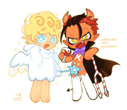 Rule 34 | 2boys, alternate costume, angel, angel and devil, angel boy, angel cookie, angel wings, arm rest, armrest, black hair, blonde hair, blue eyes, blush, bow, cape, censored, colored skin, cookie run, demon, demon boy, demon horns, demon tail, devil cookie, dress, fang, full body, halloween, halloween costume, happy, happy halloween, highres, holding, holding wand, hood, hood down, horns, jewelry, looking at viewer, male focus, multicolored hair, multiple boys, navel, necklace, personification, pitchfork, raised eyebrow, red hair, red skin, sheet, simple background, smile, sparkle, star (symbol), star necklace, tail, thighhighs, trap, two-tone hair, undercut, wand, wenyu, white background, white dress, white thighhighs, wings, x, yellow eyes