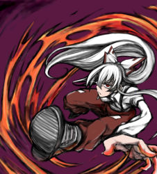 Rule 34 | 1girl, bow, female focus, fire, foreshortening, fujiwara no mokou, hair bow, hair ribbon, highres, long hair, outstretched arm, outstretched hand, pants, red eyes, ribbon, serious, shirt, shoes, silver hair, solo, suspenders, touhou, uousa-ou, white shirt