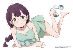 Rule 34 | 1girl, absurdres, bare shoulders, barefoot, blunt bangs, blunt ends, blush, braid, braided ponytail, breasts, cleavage, do it yourself!!, dress, feet, glasses, green dress, green eyes, highres, hikage takumi, legs, long hair, looking at viewer, lying, medium breasts, megami magazine, non-web source, on side, on stomach, purple hair, sandals, single sandal, smile, solo, twisted torso, white footwear