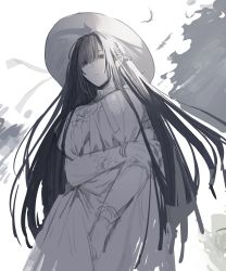 Rule 34 | 1girl, 2channel, absurdres, arm under breasts, black hair, blunt bangs, breasts, commentary request, from below, greyscale, hasshaku-sama, hat, highres, large breasts, long hair, long sleeves, looking at viewer, looking down, mayutsuba mono, mole, mole under mouth, monochrome, parted lips, sketch, smile, solo, sun hat