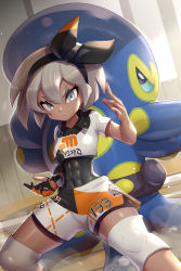 Rule 34 | 1girl, abs, bea (pokemon), black bodysuit, black hairband, bodysuit, bodysuit under clothes, closed mouth, collared shirt, commentary request, covered abs, covered navel, creatures (company), dark-skinned female, dark skin, dynamax band, eyelashes, game freak, gen 8 pokemon, gloves, gonzarez, grapploct, grey eyes, grey hair, gym leader, hair between eyes, hairband, highres, knee pads, legs apart, looking at viewer, nintendo, pokemon, pokemon (creature), pokemon swsh, print shirt, print shorts, shirt, short hair, short sleeves, shorts, single glove, tied shirt