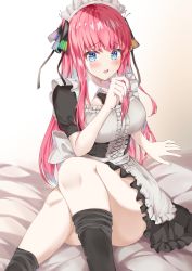 Rule 34 | 1girl, absurdres, alternate costume, apron, bed, black bow, black bowtie, black dress, blue eyes, blush, bow, bowtie, breasts, collarbone, cross-laced clothes, detached collar, dress, enmaided, eyes visible through hair, fingernails, frilled dress, frills, go-toubun no hanayome, hair between eyes, hair ornament, hair ribbon, hand up, headdress, highres, huge filesize, indoors, large breasts, long hair, looking at viewer, maid, maid apron, maid headdress, nakano nino, on bed, open mouth, red hair, ribbon, shizuku (shizukusushi), short sleeves, sidelocks, socks, solo, two side up