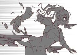 Rule 34 | 1girl, ahoge, amputee, android, conductor baton, breasts, cleavage, commentary request, covered navel, cowboy shot, damaged, drone, from side, girls&#039; frontline, greyscale, highres, kuroketto, medium breasts, monochrome, respirator, sangvis ferri, scarecrow (girls&#039; frontline), severed arm, severed limb, solo, twintails