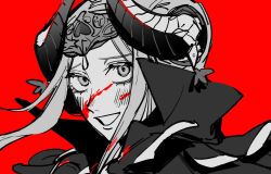 1girl absurdres blood blood_in_hair blood_on_clothes blood_on_face blood_splatter c4vknggjci51182 cape close-up collared_cape commentary_request double_bun edelgard_von_hresvelg fake_horns fire_emblem fire_emblem:_three_houses from_side hair_bun hair_up headpiece highres horns looking_at_viewer looking_to_the_side looking_up monochrome nintendo red_background simple_background smile solo teeth