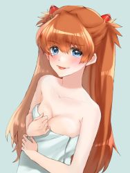 Rule 34 | 1girl, adjusting hair, blue eyes, blush, bodysuit, breasts, cleavage, covering breasts, covering privates, cowboy shot, hair ornament, highres, interface headset, light smile, long hair, looking at viewer, medium breasts, naked towel, naughty face, neon genesis evangelion, nude, shiny clothes, shiny skin, simple background, smile, solo, souryuu asuka langley, tongue, tongue out, towel, unihotate0329, very long hair