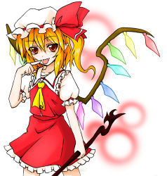 Rule 34 | 1girl, bad id, bad pixiv id, blonde hair, blouse, blues, blush, collared shirt, eku, fang, female focus, flandre scarlet, hair between eyes, hat, highres, mob cap, pointy ears, red eyes, shirt, solo, touhou, white hat, white shirt