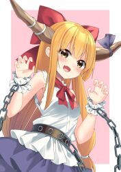 1girl :d belt blonde_hair blush bow breasts brown_belt brown_horns claw_pose commentary_request cowboy_shot fang happy highres horn_ornament horn_ribbon horns ibuki_suika long_hair neck_ribbon open_mouth orange_eyes orange_hair purple_ribbon purple_skirt red_bow red_ribbon ribbon shirt shishiky skin_fang skirt sleeveless sleeveless_shirt small_breasts smile solo torn_clothes torn_shirt touhou very_long_hair white_shirt white_wrist_cuffs wrist_cuffs