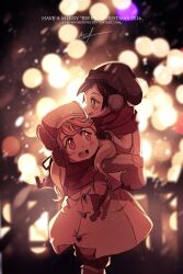 Rule 34 | 2016, 2girls, aged down, ankle boots, beanie, black hair, blonde hair, blush, boots, cape, carrying, carrying person, christmas, coat, dishwasher1910, earflap beanie, earmuffs, english text, gloves, grey eyes, half-siblings, hat, highres, long hair, long sleeves, looking afar, looking at another, looking to the side, looking up, merry christmas, multiple girls, night, open mouth, pants, piggyback, raised eyebrows, red cape, red hair, red scarf, ruby rose, rwby, scarf, short hair, siblings, signature, sisters, smile, snowing, walking, wide oval eyes, yang xiao long