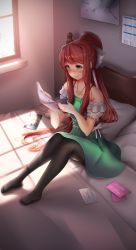Rule 34 | 1girl, absurdres, bare shoulders, black pantyhose, blush, brown hair, collarbone, commentary, day, doki doki literature club, english commentary, envelope, full body, green eyes, hair ribbon, highres, indoors, jewelry, light particles, long hair, magazine (object), monika (doki doki literature club), necklace, on bed, pantyhose, pillow, ponytail, reading, ribbon, ring, sitting, solo, tsukimaru, very long hair, wedding band, white ribbon, window, window shadow