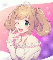 1girl, ;d, ahoge, ayuda ayutaro, bangs, bare shoulders, blush, bow, breasts, brown hair, collarbone, commentary request, eyebrows visible through hair, floral print, gradient, gradient background, green eyes, hair bow, hair ornament, heart, highres, idolmaster, idolmaster cinderella girls, long hair, long sleeves, looking at viewer, medium breasts, nail polish, off-shoulder shirt, off shoulder, one eye closed, open mouth, pink background, pink bow, pink nails, polka dot, polka dot background, satou shin, shirt, sidelocks, signature, smile, solo, twintails, upper body, upper teeth, white shirt