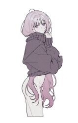 Rule 34 | 1girl, ahoge, blush, bottomless, cropped legs, expressionless, from side, grey eyes, highres, long hair, looking at viewer, nanoka san, original, pink hair, simple background, solo, sweater, turtleneck, turtleneck sweater, very long hair