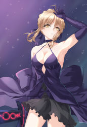Rule 34 | 1girl, ahoge, arm up, artoria pendragon (all), artoria pendragon (fate), blonde hair, breasts, cleavage, cowboy shot, dress, elbow gloves, artistic error, excalibur morgan (fate), fate/stay night, fate (series), gloves, hair ribbon, highres, looking at viewer, medium breasts, parted lips, purple dress, purple gloves, purple ribbon, ribbon, saber alter, short hair, sleeveless, sleeveless dress, solo, yellow eyes, yuto (yuto illust 7)