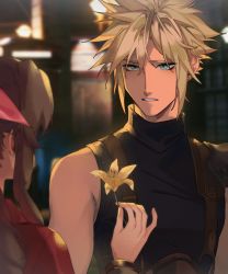 Rule 34 | 1boy, 1girl, aerith gainsborough, aqua eyes, armor, bangle, bare shoulders, belt, blonde hair, bracelet, braid, braided ponytail, brown hair, cloud strife, earrings, facing another, final fantasy, final fantasy vii, final fantasy vii remake, flower, hair between eyes, hair ribbon, highres, holding, holding flower, jacket, jewelry, long hair, looking at another, loveless avenue, maplekeurig, outdoors, parted lips, pink ribbon, pinky out, red jacket, ribbon, short hair, shoulder armor, sidelocks, single earring, sleeveless, sleeveless turtleneck, spiked hair, square enix, suspenders, teeth, turtleneck, upper body, yellow flower