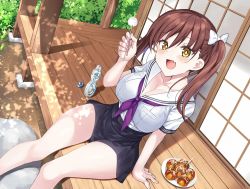 Rule 34 | 1girl, :d, arm support, black skirt, blush, bow, breasts, brown hair, bulbonne, cleavage, commentary request, fang, feet out of frame, food, hair between eyes, hair bow, highres, large breasts, looking at viewer, mimikaki, neckerchief, open mouth, original, plate, pleated skirt, purple neckerchief, ramune, sailor collar, school uniform, serafuku, shirt, short sleeves, sitting, skirt, smile, solo, takoyaki, twintails, white bow, white sailor collar, white shirt, yellow eyes