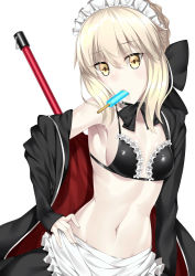 Rule 34 | 1girl, absurdres, apron, artoria pendragon (all), artoria pendragon (fate), black bow, black bowtie, black bra, black jacket, black skirt, blonde hair, bow, bowtie, bra, breasts, choker, cleavage, eating, fate/hollow ataraxia, fate (series), frilled bra, frills, hair between eyes, hand on own hip, highres, jacket, looking at viewer, maid, midriff, navel, open clothes, open jacket, saber alter, short hair with long locks, sideboob, simple background, skirt, small breasts, solo, standing, stomach, underwear, upper body, watosu (watosu mama), white apron, white background, yellow eyes