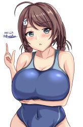 Rule 34 | 1girl, ahoge, blue one-piece swimsuit, blush, braid, braided hair rings, breasts, brown hair, chougei (kancolle), collarbone, competition swimsuit, cowboy shot, dated, grey eyes, hair between eyes, hair ornament, hair rings, highleg, highleg swimsuit, highres, impossible clothes, impossible swimsuit, kantai collection, large breasts, long hair, montemasa, one-hour drawing challenge, one-piece swimsuit, open mouth, simple background, solo, swimsuit, twin braids, twitter username, two-tone swimsuit, whale hair ornament, white background