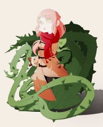 Rule 34 | 1girl, abata, female focus, hair ornament, hairclip, jacket, jpeg artifacts, monster girl, open mouth, original, pink hair, plant, plant girl, scarf, solo, thorns, vines