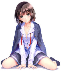 Rule 34 | absurdres, arm support, between legs, blue legwear, blush, bob cut, breasts, brown eyes, brown hair, cleavage, collarbone, dress shirt, fingernails, hand between legs, head tilt, highres, jacket, jacket on shoulders, katou megumi, long sleeves, looking at viewer, medium breasts, misaki kurehito, no shoes, official art, parted lips, partially unbuttoned, pleated skirt, saenai heroine no sodatekata, sailor collar, sailor shirt, school uniform, shirt, short hair, simple background, sitting, skirt, solo, wariza, white background