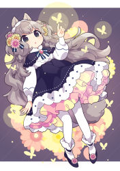 Rule 34 | 1girl, :o, animal ears, blush, boots, brooch, brown eyes, brown hair, bug, butterfly, capelet, collared dress, dress, flower, fur-trimmed dress, fur trim, glowing butterfly, hair flower, hair ornament, hairband, hand up, index finger raised, insect, jewelry, koguma105, long hair, long sleeves, looking up, neck ribbon, original, pantyhose, petticoat, ribbon, shoe flower, solo, tail, very long hair, wavy hair