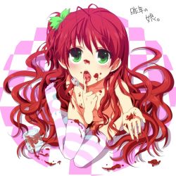 Rule 34 | 1girl, bad id, bad pixiv id, blush, bow, checkered floor, floor, food, from above, green eyes, hair bow, hiiro (kikokico), jam, jar, licking, long hair, looking at viewer, nude, original, red hair, sitting, skindentation, solo, spork, striped clothes, striped thighhighs, thighhighs, very long hair, wariza