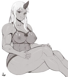 Rule 34 | abs, absurdres, alternate breast size, blonde hair, breasts, covered erect nipples, dark-skinned female, dark skin, highres, horns, large breasts, long hair, looking at viewer, monochrome, monster girl, monster musume no iru nichijou, muscular, muscular female, nightgown, nipples, ogre, oni, see-through, signature, simple background, single horn, solo, speedl00ver, tall, tall female, thick thighs, thighs, tionishia, white background