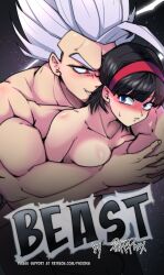 Rule 34 | 1boy, 1girl, absurdres, artist name, black hair, blue eyes, blush, breasts, commentary, completely nude, cover, cover page, doujin cover, dragon ball, dragon ball super, dragon ball super super hero, english commentary, english text, gohan beast, grey hair, hair behind ear, hetero, highres, hug, hug from behind, husband and wife, medium breasts, muscular, muscular male, nude, puffphox, red eyes, son gohan, v-shaped eyebrows, videl, watermark, web address