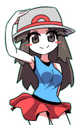 Rule 34 | 1girl, arm up, blue shirt, blush stickers, breasts, brown eyes, brown hair, bucket hat, closed mouth, commentary, creatures (company), eyelashes, game freak, grey hat, hands on headwear, hat, leaf (pokemon), long hair, looking at viewer, nintendo, omoitsuka, outline, pokemon, pokemon frlg, red skirt, shirt, skirt, sleeveless, sleeveless shirt, smile, solo