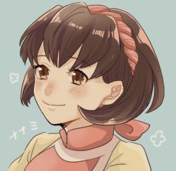 Rule 34 | 1girl, blush, brown eyes, brown hair, closed mouth, gensou suikoden, gensou suikoden ii, hairband, nanami (suikoden), short hair, simple background, smile, solo