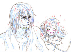 Rule 34 | 10s, 1boy, 1girl, age difference, blush, closed eyes, color trace, colored pencil (medium), father and daughter, kaburagi kaede, kaburagi t. kotetsu, mixed-sex bathing, nishida asako, one side up, school swimsuit, shared bathing, shower head, showering, simple background, smile, swimsuit, tiger &amp; bunny, towel, towel around neck, traditional media, wet, wet hair, white background