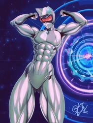 Rule 34 | 1girl, abs, animal ears, arms up, biceps, bodysuit, capcom, cat ears, exoprimal, faceless, flexing, gluteal fold, helmet, highres, mostlybluewyatt, muscular, muscular female, pectorals, solo, thick thighs, thighs, vigilant (exoprimal)