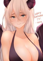 Rule 34 | 1girl, bare shoulders, bikini, blue eyes, blush, breasts, cleavage, closed mouth, collarbone, commentary, demon girl, demon horns, demon wings, english commentary, english text, gift art, hair between eyes, halterneck, happy birthday, highres, horns, large breasts, long hair, looking at viewer, original, simple background, smile, solo, swimsuit, temachii, upper body, white background, white hair, wings