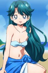 Rule 34 | 1girl, beach, bikini, bikini top only, blue eyes, blue hair, braid, breasts, cleavage, collarbone, go! princess precure, highres, kaidou minami, long hair, looking at viewer, matching hair/eyes, navel, ocean, oimanji, open mouth, precure, sand, sarong, sitting, small breasts, solo, swimsuit, water