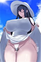 Rule 34 | 1girl, :o, black hair, blue sky, breasts, clothes lift, dais729sof, dress, dress lift, female pubic hair, from below, hair between eyes, hasshaku-sama, hat, huge breasts, lifting own clothes, long hair, looking at viewer, looking down, panties, pubic hair, purple eyes, side-tie panties, sky, solo, straight hair, sun, tagme, thick thighs, thighs, underwear, white dress, white hat