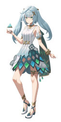 Rule 34 | 1girl, anklet, aqua hair, aqua nails, arm at side, bracelet, breasts, closed mouth, clothing cutout, detached sleeves, dress, faruzan (genshin impact), floating, floating object, full body, genshin impact, green eyes, hair ornament, high heels, highres, jewelry, leg up, legs, llami 0, long hair, looking at viewer, nail polish, short sleeves, shoulder cutout, sideboob, simple background, skirt cutout, sleeveless, sleeveless dress, small breasts, smile, solo, standing, standing on one leg, strappy heels, symbol-shaped pupils, tachi-e, thighlet, thighs, triangle-shaped pupils, twintails, white background, white dress, white footwear, x hair ornament