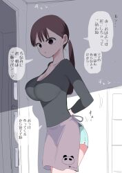 Rule 34 | 1girl, apron, breasts, brown eyes, brown hair, cleavage, highres, large breasts, long hair, looking at viewer, original, ponytail, shorts, solo, zurikishi