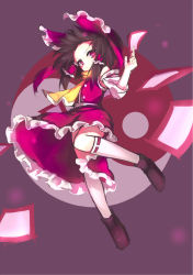 Rule 34 | 1girl, black hair, bow, detached sleeves, frilled skirt, frills, from below, full body, hair bow, hair tubes, hakurei reimu, highres, holding, kneehighs, large bow, magenta background, neetsr, ofuda, ponytail, purple background, red bow, scarf, shoes, short hair, simple background, skirt, skirt set, socks, solo, touhou, yin yang
