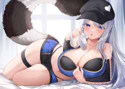 Rule 34 | 1girl, :p, absurdres, baseball cap, bed sheet, black shorts, blue eyes, blue shirt, blush, breasts, cleavage, collarbone, commission, crop top, curtains, deogho (liujinzy9854), detached sleeves, grey hair, hat, heart, highres, indoors, large breasts, long hair, looking at viewer, lying, navel, on bed, on side, original, raccoon tail, shirt, shorts, solo, tail, tongue, tongue out, window