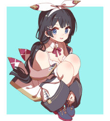 Rule 34 | 1girl, :d, bangs pinned back, black hair, blue background, blue eyes, blush, border, bow, bow hairband, breasts, cleavage, detached collar, full body, hair ornament, hairband, hairpin, hugging own legs, jacket, knees to chest, long bangs, long hair, long sleeves, looking at viewer, low twintails, medium breasts, nijisanji, off shoulder, open mouth, outside border, shirt, sidelocks, simple background, sleeveless, sleeveless shirt, smile, solo, sou (tuhut), tsukino mito, twintails, virtual youtuber, white border, white bow, white hairband, white jacket, white shirt