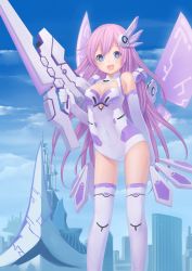Rule 34 | 1girl, bad id, bad pixiv id, bare shoulders, blue eyes, boots, breasts, cleavage, cleavage cutout, clothing cutout, covered navel, day, elbow gloves, gloves, hair between eyes, hair ornament, highres, leotard, long legs, nepgear, neptune (series), outdoors, pink hair, purple sister, shiga obun, skin tight, sky, smile, thighhighs