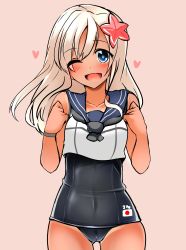 Rule 34 | 10s, 1girl, ;d, blonde hair, blue eyes, clenched hands, collarbone, cowboy shot, crop top, flower, hair flower, hair ornament, highres, kantai collection, long hair, looking at viewer, one-piece swimsuit, one eye closed, open mouth, ro-500 (kancolle), sailor collar, school swimsuit, school uniform, serafuku, smile, solo, swimsuit, swimsuit under clothes, tan, tanline, tsukui kachou