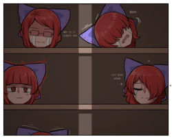 Rule 34 | 1girl, anger vein, blue bow, bow, commentary, crying, cupboard, disembodied head, english commentary, english text, glasses, hair bow, hair over eyes, hair over one eye, highres, jitome, mata (matasoup), multiple heads, multiple persona, no eyes, no pupils, red eyes, red hair, sekibanki, shaded face, shadow, shelf, sparkle, touhou, trembling