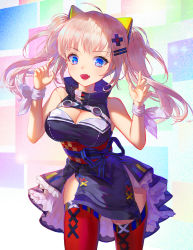 Rule 34 | 1girl, :d, ahoge, bad id, bad pixiv id, bare shoulders, blue dress, blue eyes, breasts, cleavage, cleavage cutout, clothing cutout, dress, fang, hair ornament, hairclip, hands up, highres, kaguya luna, large breasts, looking at viewer, obi, open mouth, pink hair, red thighhighs, sash, shenteita, sleeveless, sleeveless dress, smile, solo, standing, the moon studio, thighhighs, twintails, virtual youtuber, wristband