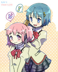 Rule 34 | 2girls, :d, bad id, bad pixiv id, beige background, black skirt, blue eyes, blue flower, blue hair, blush, brushing another&#039;s hair, brushing hair, dot nose, eighth note, flat chest, flower, hair brush, hair down, happy, holding, holding brush, holding own hair, kaname madoka, kirikuchi riku, looking at another, looking back, mahou shoujo madoka magica, mahou shoujo madoka magica (anime), miki sayaka, mitakihara school uniform, multiple girls, musical note, neck ribbon, open mouth, pink eyes, pink hair, plaid, plaid skirt, pleated skirt, polka dot, polka dot background, red ribbon, ribbon, school uniform, short hair, simple background, skirt, smile, speech bubble, spoken flower, spoken musical note, standing, translation request, twitter username, tying hair, uniform, v arms, white background