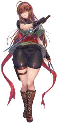Rule 34 | 1girl, ahoge, bike shorts, black gloves, black shorts, boots, breasts, brown eyes, brown footwear, brown hair, closed mouth, commentary request, covered collarbone, cross-laced footwear, dagger, dual wielding, fingerless gloves, floral print, full body, gloves, headband, highres, holding, holding sword, holding weapon, holster, japanese clothes, knee boots, knife, knife belt, kunai, lace-up boots, large breasts, long hair, looking at viewer, ninja, obi, original, panties, panties under shorts, parted lips, red headband, reverse grip, sash, see-through, shiny clothes, shiny skin, short sleeves, shorts, simple background, smile, solo, standing, sword, thigh holster, toriatto gununu, underwear, weapon, white background