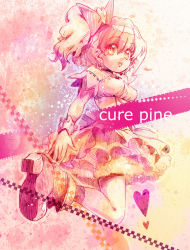 Rule 34 | 00s, 1girl, :o, ankle boots, boots, character name, cure pine, dress, fresh precure!, fur trim, hair ornament, heart, layered dress, leg up, long sleeves, looking at viewer, looking down, magical girl, monochrome, open mouth, parted lips, pink theme, precure, solo, standing, standing on one leg, yamabuki inori, yojio (2188)